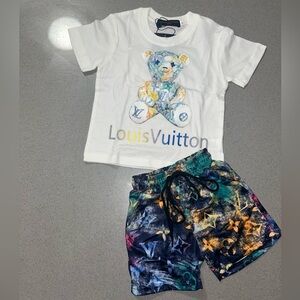 White Tee with Watercolor Teddy and Multicolor Monogram Shorts